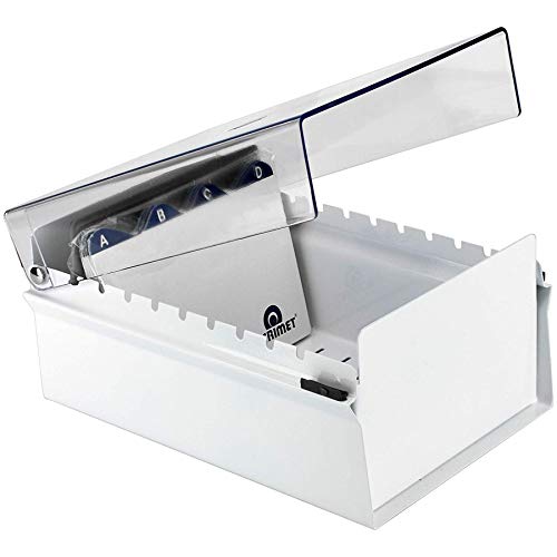Acrimet 4 x 6 Card File Holder Organizer Box Metal Base Heavy Duty (AZ Index Cards and Divider Included) (White Color with Clear Crystal Plastic Lid Cover)