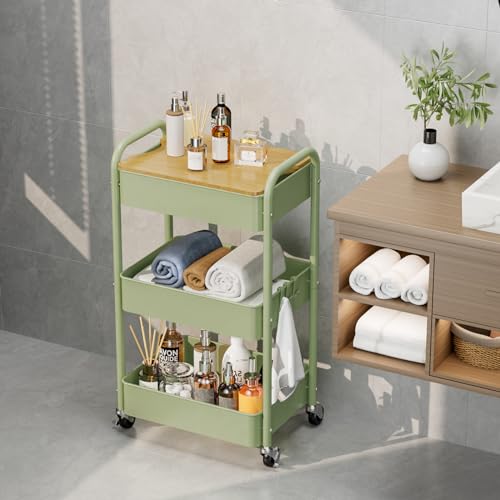 Johgee 3-Tier Rolling Cart with Tabletop - Locking Wheels, Removable Top Board, 150lb Capacity (Green)
