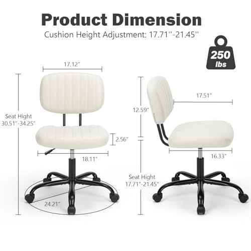 DUMOS Small Armless Home Desk Executive Chair with Low Back Lumbar Support, Height Adjustable PU Leather Computer Office Chair with 360¡Æ Swivel Wheels for Kids and Adults, White