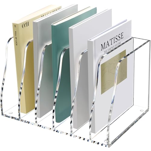 SANRUI Acrylic Desk File Organizer, 6 Vertical Compartments Clear Magazine File Holder Workspace Sorters, Folder Rack for Office Accessories Organization Storage