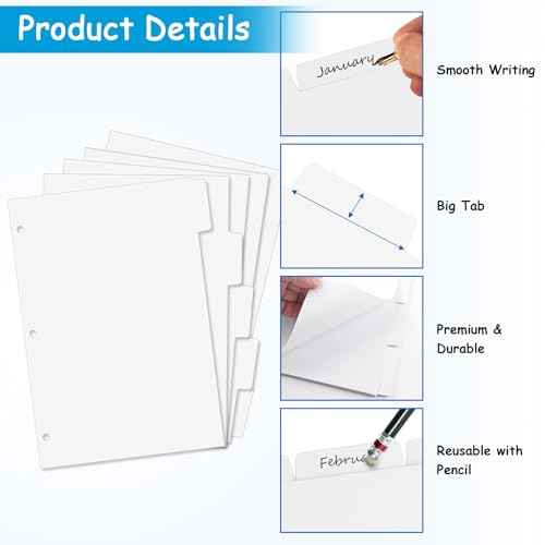 Binder Dividers for 3 Ring Binder, 1/5 Cut Tabs, Letter Size, Blank Write On Page Dividers with 5 Big Tabs for School Office Home, 4 Sets, 20 Dividers, White