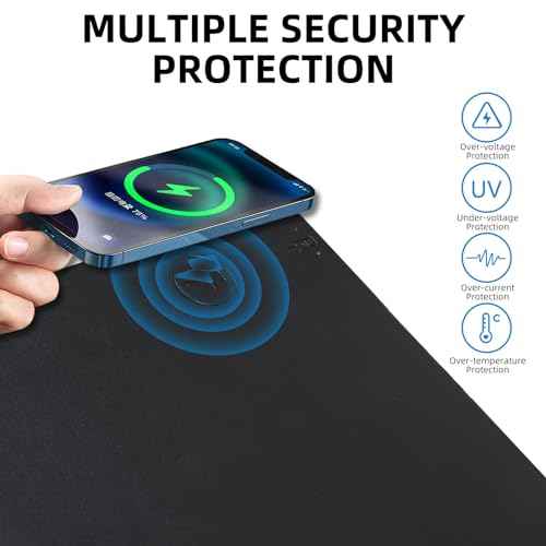 Wireless Charging Mouse Pad with for Desktop Charging Large Desk Mat 36"x17" Waterproof Black Leather Computer Mat Mousepad Non-Slip Protector on Top of Desks for Keyboard and Mouse(Black-L)