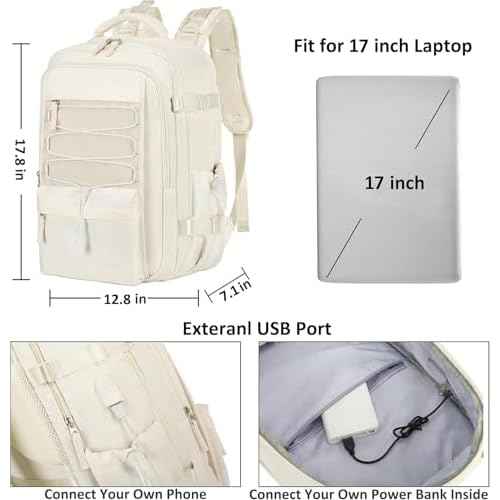 Travel Backpack for Women Men 17 Inch Laptop Backpacks with USB Port Carry on Bag Airline Approved Large College School Bookbags Waterproof Work Business Sport Rucksack Casual Daypack (White)
