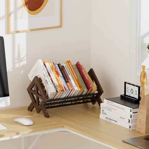 Desktop Bookshelf Organizer, Wood Office Tabletop Book Storage Rack, Tilting Bookcase for Books/CDs/Magazine Display (Black)
