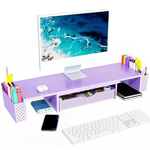 Spacrea Metal Desk Organizers and Accessories, Dual Monitor Stand Riser with Drawer and 2 Pen Holders, Desk Accessories & Workspace Desktop Organizers for Office Supplies (Purple)