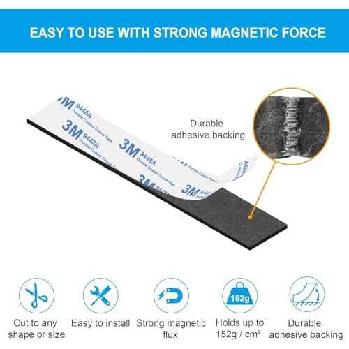 Magnetic Strips Tape with Adhesive Backing Magnet ? Heavy Duty Magnets Strip, with 10Pcs Metal Stickers for Double Sided Self Sticky Non Metal, for Tool and Knife Strong Magnetic Wall Holder