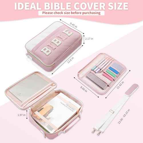 Bible Cover Case for Women, Large Chenille Letter Leather Bible Case with Bible Study Accessories, Bible Study Supplies Bible Journaling Kit, Christmas Christian Gift for Women Girls (Pink)