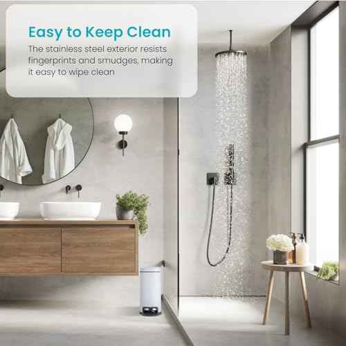 Home Zone Living 2-Pack 1.3 Gallon Small White Bathroom Trash Can with Lid and Step Pedal, Stainless Steel Wastebasket with Slim Ribbed Design for Home and Office, 5 Liters