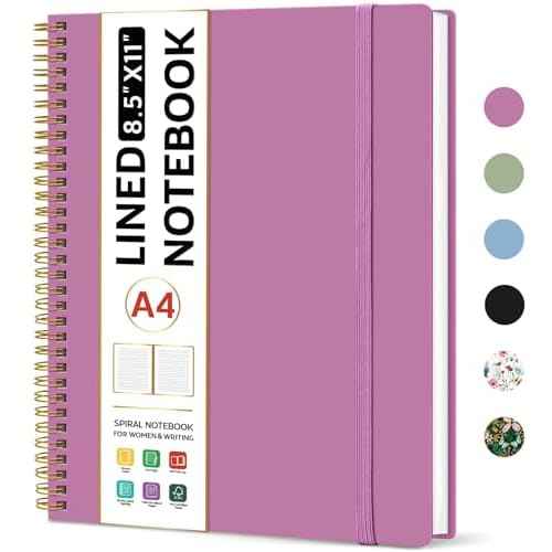 Taja Spiral Lined Notebook, 8.5"x11" Notebooks for Work, Large A4 Journal for Women & Men, College Ruled Journaling Notebook for Writing, Plastic Cover Spiral Journal, Purple