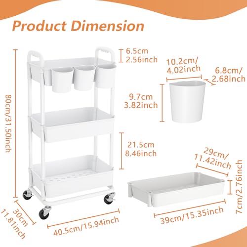 3-Tier White Plastic Rolling Storage Cart with Lockable Wheels & Hanging Cups – 3-Tier Utility Cart