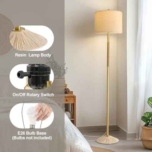 Oneach 63" Modern Floor Lamp for Living Room, Gold Boho Standing Lamp with Unique Rope Design, Rotary Switch, Farmhouse Tall Lamps for Bedroom Office Dining Room (Without Bulb)