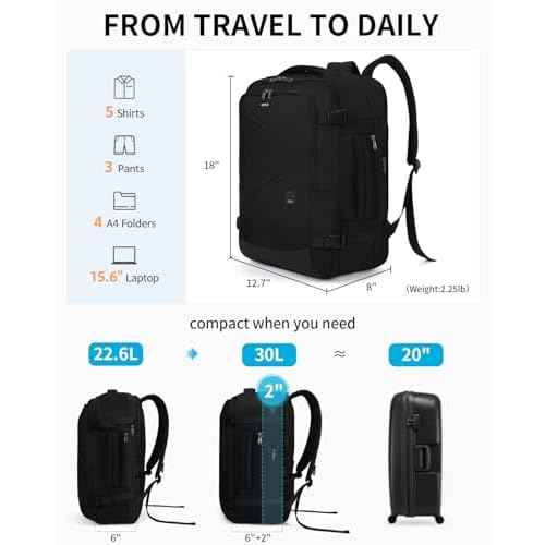 ECOHUB Carry On Travel Backpack, Expandable Airlines Personal Item Bag 18x14x8, Water Resistant 17 inch Laptop Backpack Flight Approved, 12 Pockets 30L Work Backpacks with Wet Pocket & Cable Slot