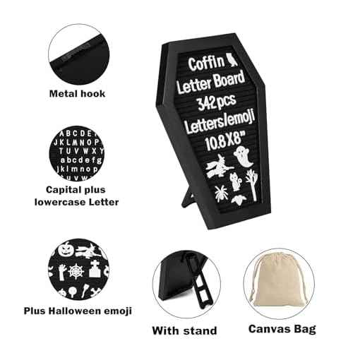 Coffin Felt Letter Board with 342 Changeable Letters&Numbers, 10.8¡±x8¡± Spooky Letterboard Gothic Message Board Letter Sign Board with Stand and Canvas bag for Halloween Party Christmas