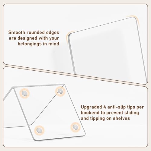 VFINE Clear Acrylic Bookends 6 Pieces - Transparent Book Holders for Shelves