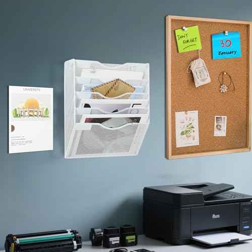 Hanging Wall File Organizer with Office Assorted, 5 Pockets Mesh Wall Mounted File Folder Holder for Mail, Paper, Document, Binder, Magazine, Menu (White)