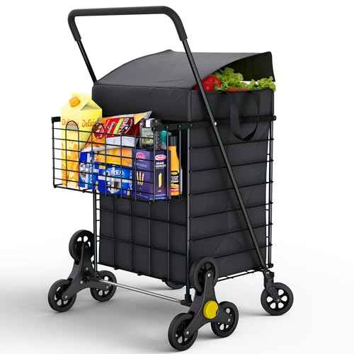 Stairs Climbing Shopping Cart w/Waterproof Basket Liner & 360¡Æ Swivel Wheels | Foldable Collapsible & Lightweight | Perfect for Groceries Laundry Utility Cart - Black