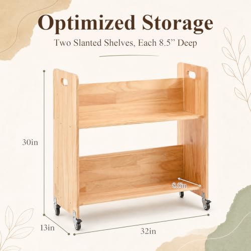 Leinuosen Solid Wood 2-Tier Book Cart with 2in Casters, 32" W x 30" H