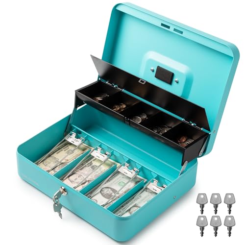 Volcora Cyan Large Cash Box with Key Lock, 12x9.5x3.5in, Money Tray, Heavy-Duty Portable Safe