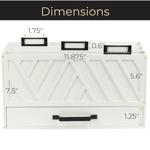 BLU MONACO White Desktop Mail Organizer ? Three-Tiered with Gold Label Holders and Drawer ? Stylish Mail Holder and Countertop Document Storage for Home or Office