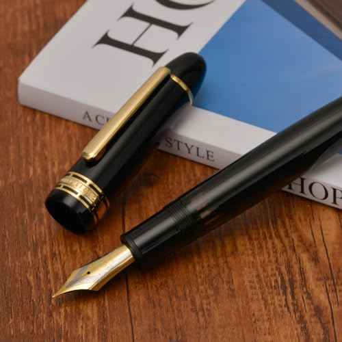 Yongsheng Junlai 630 Acrylic Fountain Pen, Size 8 Medium Nib with Piston Filling System, Piano Black Transparent Fence Ink Tank with Torpedo Shape Design Smooth Writing Pen (Gold Trim)
