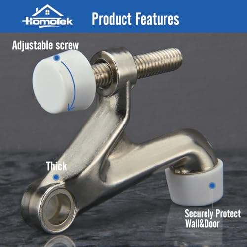 HOMOTEK 1 Pack Hinge Pin Door Stop - Adjustable Heavy Door Stop with Black Rubber Bumper Tips, Satin Nickel