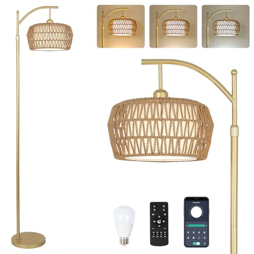 Gold Floor Lamps for Living Room, Boho Rattan Floor Lamp with Remote and Dimmable Bulb, 3 Color Temperatures, Modern Arc Standing Lamp with Wicker Shades, Farmhouse Tall Lamp for Bedroom
