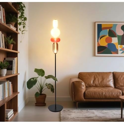 Fiqevs 4 Glass Floor Lamp for Living Room, Modern LED Standing Lamp with 4 Tiffany Color Globe Shade & 2700K Warm Lighting, Elegant Decorative Tall Lamp for Bedroom Office, Matt Black