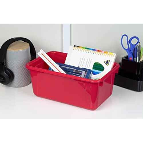 Storex Small Cubby Bins ? Plastic Storage Containers for Classroom with Non-Snap Lid, 12.2 x 7.8 x 5.1 inches, Red, (62407U05C) (Pack of 5)