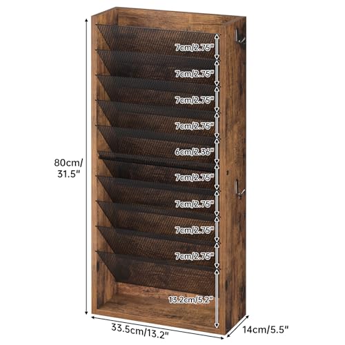 Hanging Wall File Organizer, 11 Tier Wood Wall File Holder with 4 Hooks, Mail Organizer Wall Mounted with Bottom Flat Tray, Vertical Paper Desk Storage for Office, Home, Rustic Brown