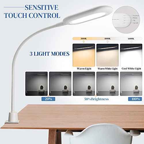 LED Reading Lamp, Eye Care Table Light Bright Enough for 700 Lumen, 10W Dimmable & 3 Color Modes, Flexible Gooseneck Touch Desk Lamp for Home Office/Reading/Work (White)