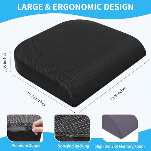 Large Seat Cushion£¬Soft Foam Cushion for Long Sitting Hours on Office Chair, Home & Car, Non-Slip Chair Pad for Relieving Back & Sciatica & Hip & Coccyx Pain (Black)