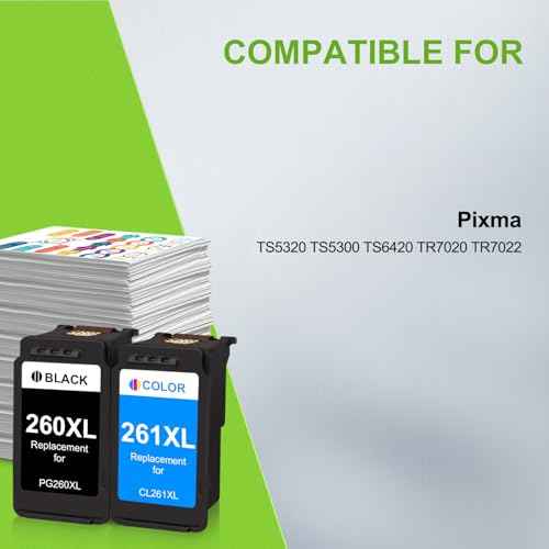 PG-260 XL/CLI-261 XL Ink Value Pack Replacement for Canon 260 261 PG-260XL CL-261XL Work for TR7020 TR7020a TR7022 TS6420 TS6400 TS5300 TS5320 TS6420a (1 Black, 1 Color)