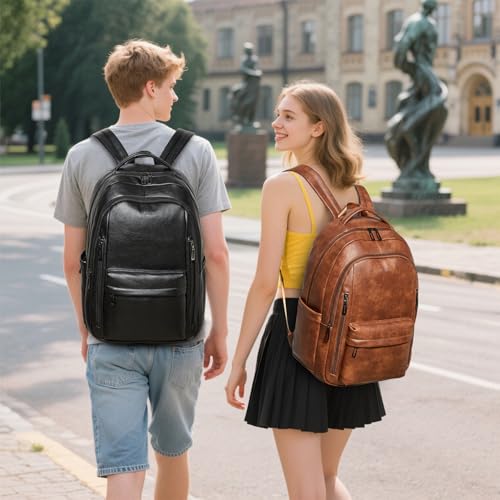 30L Backpack Purse for Women Men Laptop Backpack, Faux Leather Travel Work Backpack Teacher Bookbag fits 15.6" Laptop,Brown