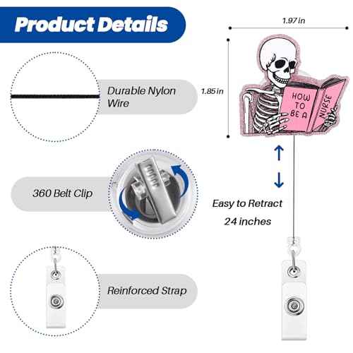 Funny Skeleton Office Badge Buddy, How to BE A Nurse Work Badge Holder with Retractable Clip, Cute Pink Medical Badge Clip for RN CNA LPN LVN MA Hospital Worker Nursing Student Teacher