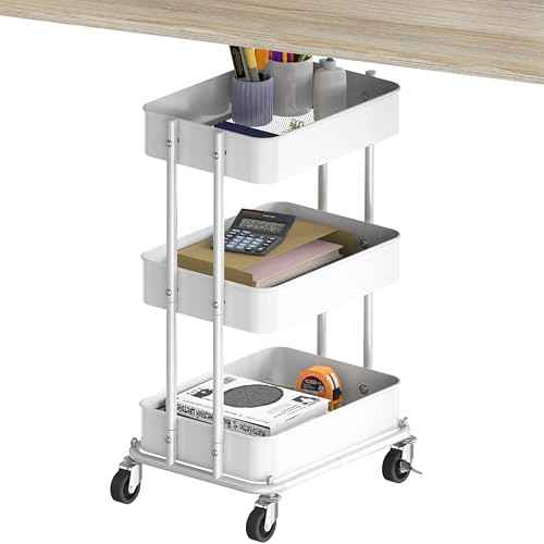 Simple Houseware 3-Tier Compact Utility Rolling Cart, Low 24¡± Height Fits Under Desk, Space-Saving Storage for Home Office, Dining Room, or Kitchen, White