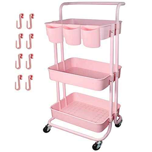 3 Tier Utility Rolling Cart Multifunction Organizer Shelf Storage Cart with 3 Pieces Cups and 8 Pieces Hooks for Home Kitchen Bathroom Laundry Room Office Store etc. (Pink)