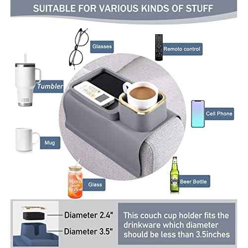 HMASYO Couch Cup Holder Tray - Silicone Sofa Armrest Table Couch Drink Holder and Tray Organizer for Remote Snacks Cellphone, Anti-Spill Anti-Slip Design, Gifts for Family Mom Dad Grandma