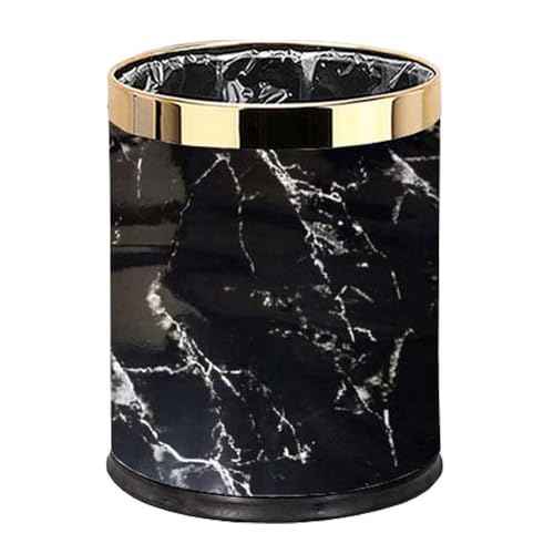 Luxury Metal Waste Bin with Leather Cover,Open Top Office Wastebasket,Double Layer Trash Can,Round Shaped (Black Marble w/ Gold Ring)