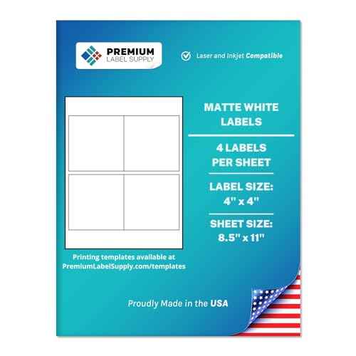 Premium Label Supply White Sticker Square Labels ? 4" x 4" ? Laser/Inkjet Compatible ? (4 per Sheet), 25 Sheets - 100 Total Adhesive Labels