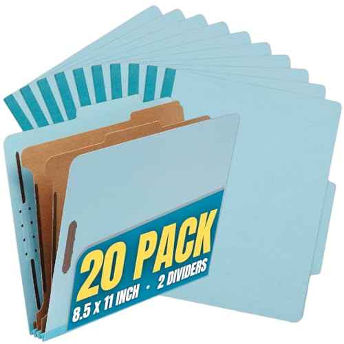1InTheOffice Classification Folders, 2 Divider Classification Folders, File Folders with Dividers, 2.5" Expansion, Letter Size, Light Blue, 20 Pcs