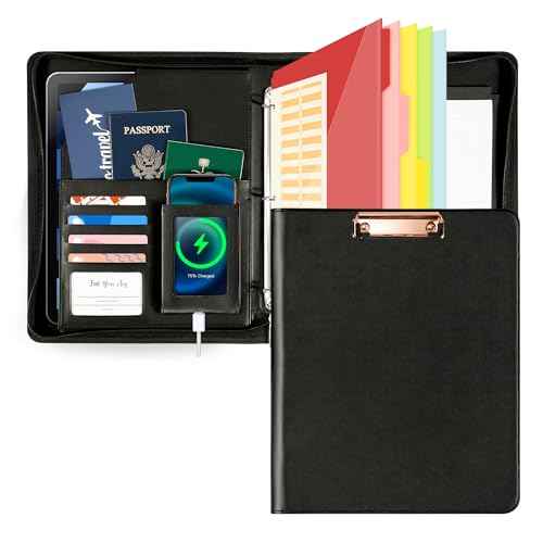 Leather Clipboard with Storage, Zippered Padfolio Portfolio Organizer, 3 Ring Binder 1 Inch, Notepad, Tablet Sleeve, 5 Dividers with Pocket, Stickets for Office, Nurses, Students, Teachers Black