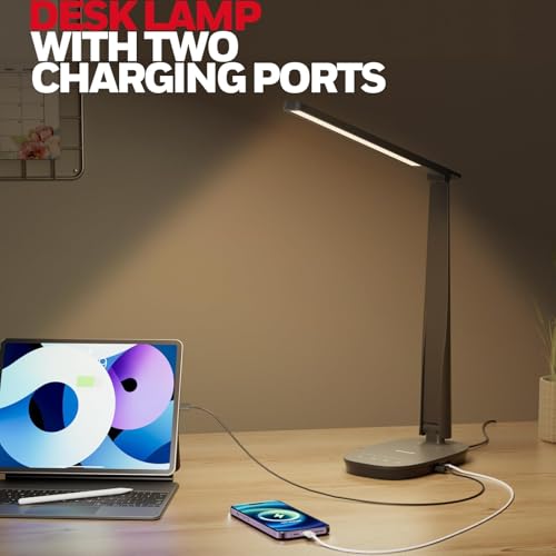 HONEYWELL LED Desk Lamp - HWT-H2 Sunturalux¢â Eye-Caring Foldable Desk Light with USB A+C Dual Charging Port 4 Color Modes Dimmable Table Lamp for Home Office Bedroom Reading Study Work - Black