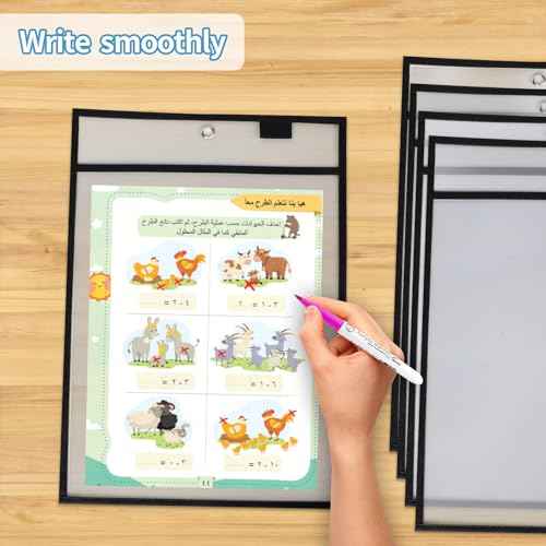 Ufamrine 6 Pcs Dry Erase Pockets Sleeves Black, Job Ticket Holders (10" * 13"), Reusable Plastic Sleeves for Teacher Classroom