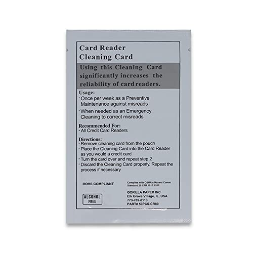Gorilla Supply Credit Card Cleaning Cards 3.375 x 2.125 Inches, 50 Pack, Dual-Side, Alcohol-Free Magnetic & Optical Reader Maintenance