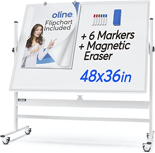 Oline Mobile Whiteboard 48x36 Inch Reversible Magnetic Dry Erase Board with Height Adjustment and Wheels - White & Silver