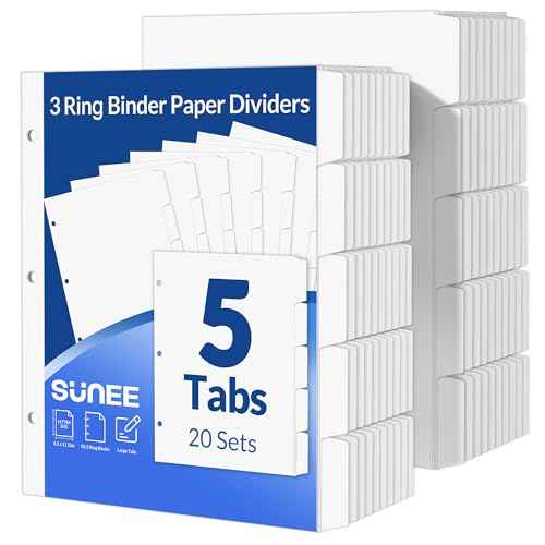 SUNEE Binder Dividers with Tabs for 3 Ring Binder, 8.5 x 11 Paper White Binder Dividers Blank with 5 Tabs, 20 Sets Page Dividers for School, Office and Home, 100 Dividers