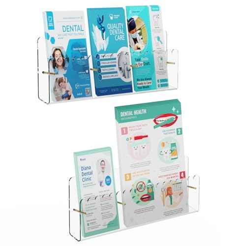 Brochure Holder Wall Mount, 2 Pack Acrylic Modular Flyer with Adjustable Magnetic Golden Bolt, Wavy Lace Pamphlet Display Stand for Organizer Trifold Flyer, Document, Leaflet, 3 Slots