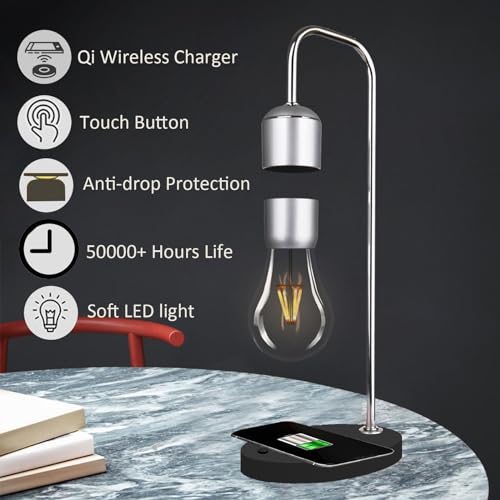 Magnetic Levitating Lamp with Wireless Phone Charger for iPhone Pro Max Floating Light Bulb LED Night Light Table Lamp Levitation Desk Lamp for Christmas Gift Bedroom Office Decoration