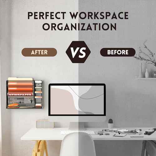 SUPEASY Wall File Organizer, 5-Tier office wall organizer with 4 Pen Holders, Wall Organizer for Office with R-shaped Bottom Tray, Metal Desk Organizer for Office, School, Home, Black