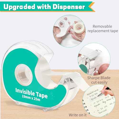 6 Invisible Clear Tape, Transparent Tapes with Refillable Dispenser, 3/4 X 1000 Inches Frosted Writable, Clear Tape Refill Rolls for Gift Wrapping, Home, School Office Supplies